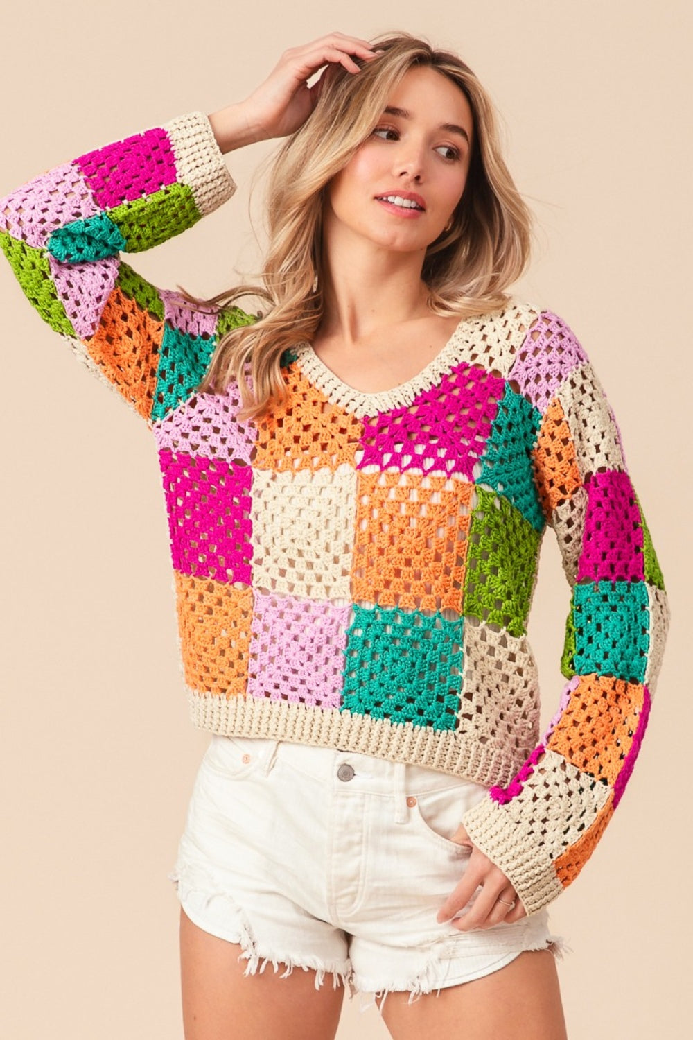 BiBi Multi Color Checkered Long Sleeve Knit Top